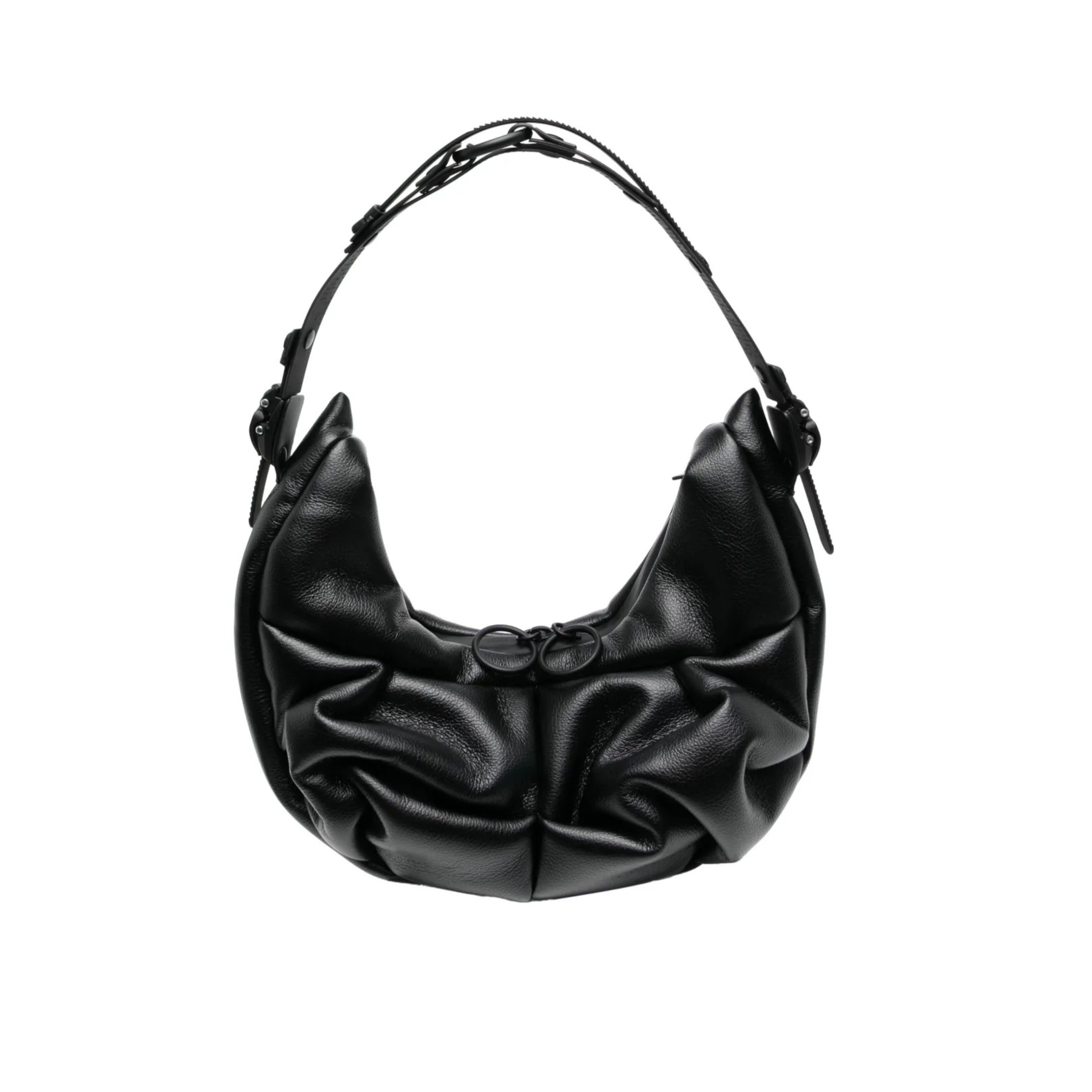 Custom Black Leather Ruched Moon Handbag