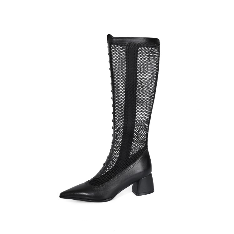 Personalized leather net boots with burnt flowers