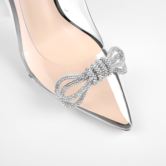 2022 fashion Bowknot Rhinestone Pointed Toe Jelas Chunky Heels Pompa (3)