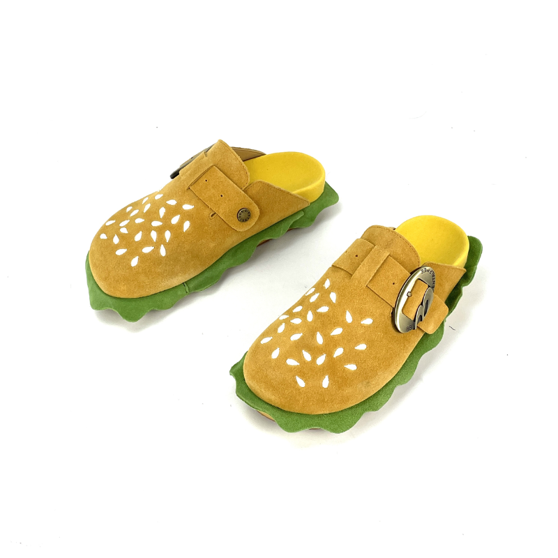 Trendy hamburger-themed wooden clogs with bold, playful design