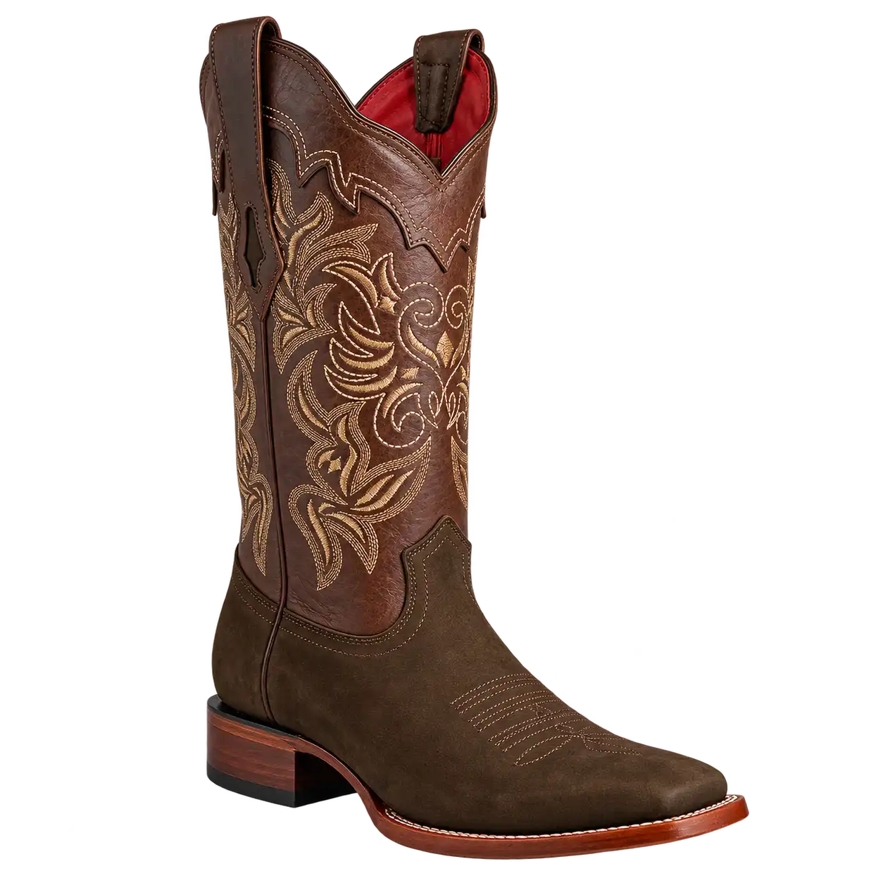 Custom western boots — brown leather cowboy boot with decorative shaft stitching