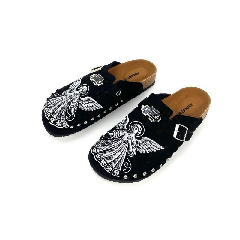 Custom Birkenstock style black suede clog with silver studs and cork footbed OEM ODM manufacturer