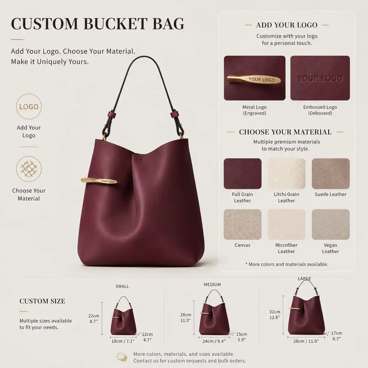 Custom Burgundy Leather Bucket Bag  OEM Handbag Manufacturer