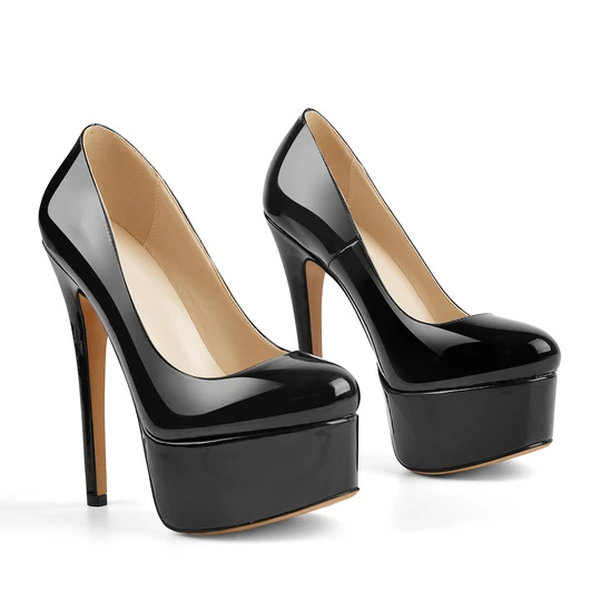 China Patent Leather round Toe Platform Black Stiletto High Heels Pumps ...