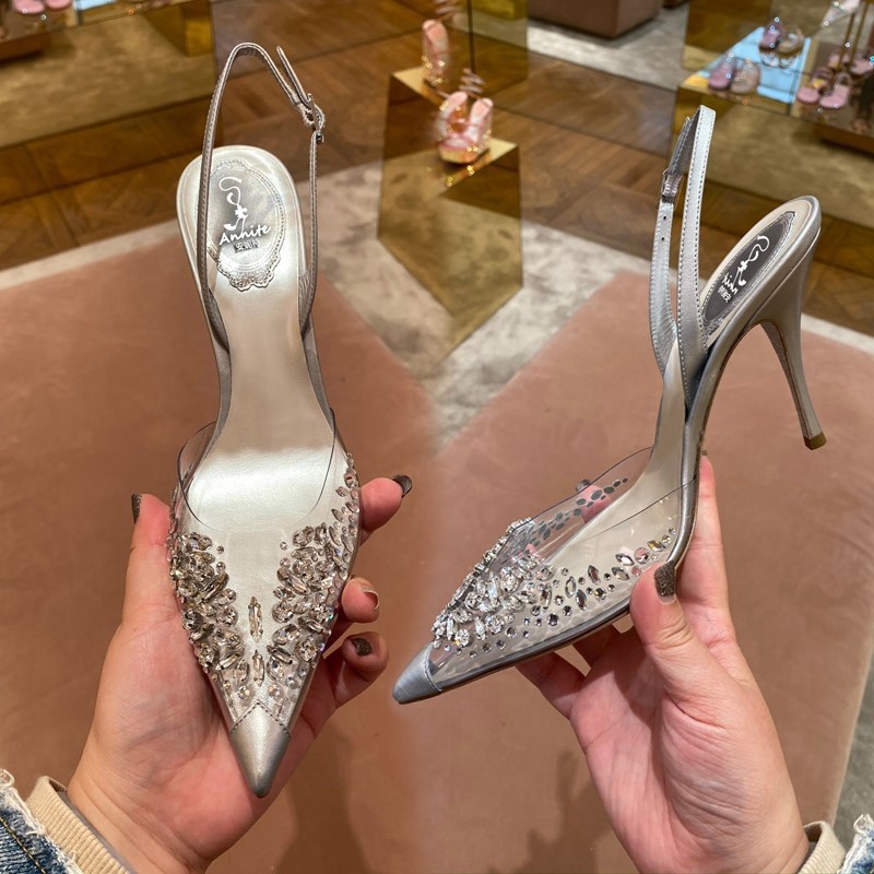 XINZI RAIN ເກີບເຈົ້າສາວຫຼູຫຼາ Customized Point Toe Rhinestones Sling Back 8cm High Heel Sandals