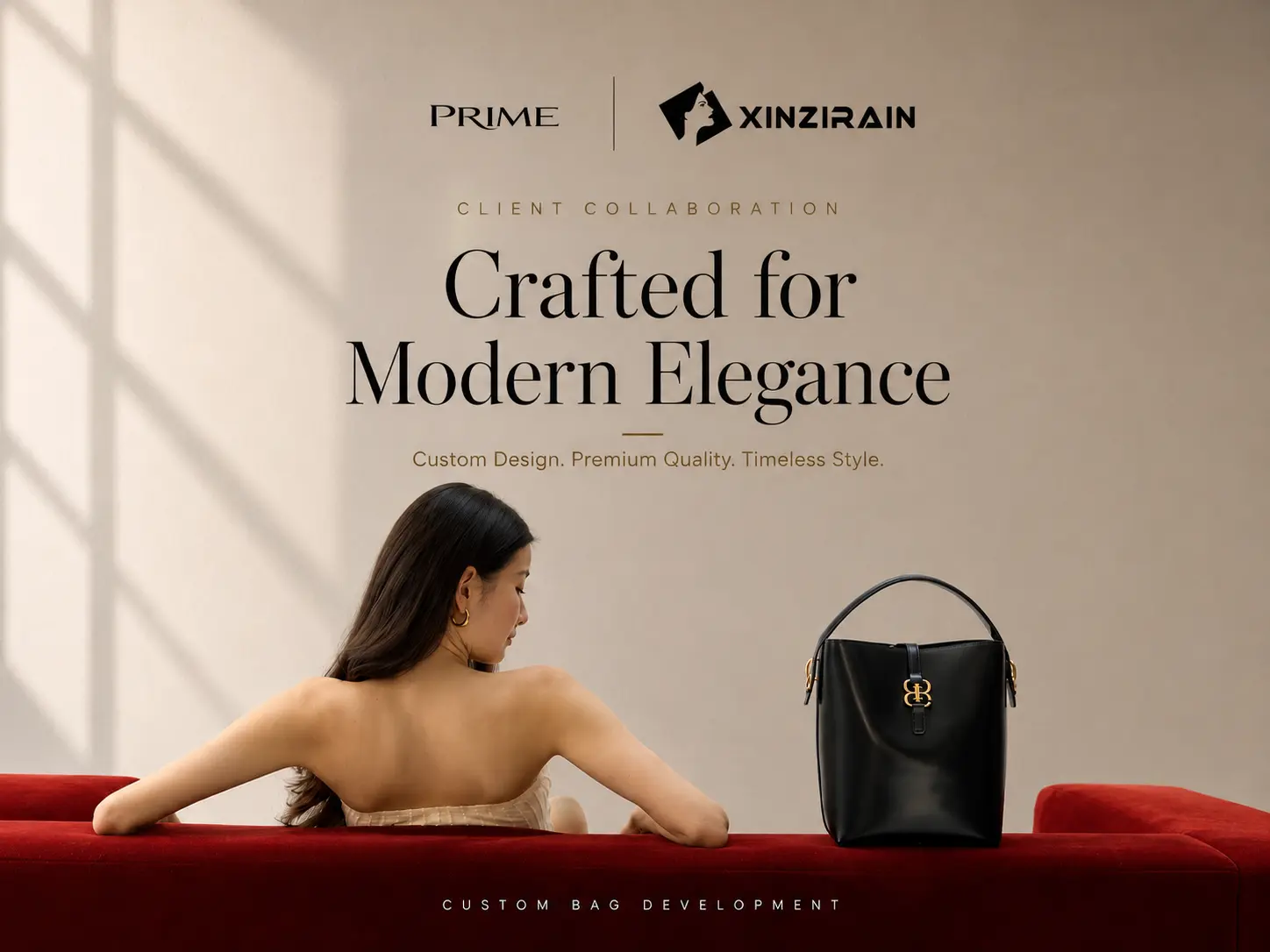 PRIME × XINGZIRAIN custom bucket bag brand launch — branded packaging, product photography and pre-sale listing support for first order