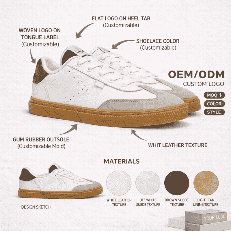 Dark Brown & White Leather Board Sneakers — OEM / ODM by XINZIRAIN