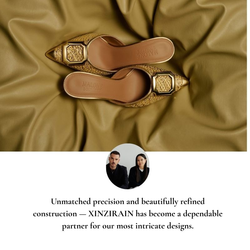 Malone Souliers designer footwear testimonial featuring gold woven mules and founders’ portrait
