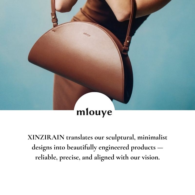 Mlouye minimalist sculptural handbag testimonial with brand signature modern design aesthetic