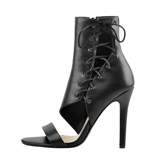 Black Lace Up Cutout open toe High Heel Sandal strap ankle Boots