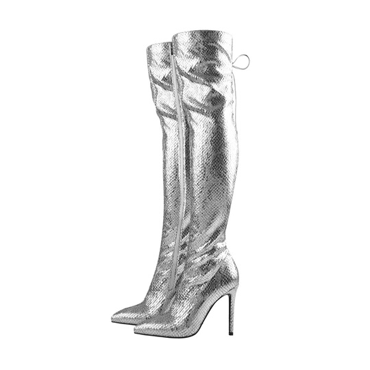 Pointed Toe Metallic Silver Thigh High Bootie
