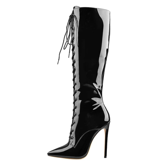 Wholesale Custom Made Black Patent Leather Lace Up Pointed Toe Knee High Boots