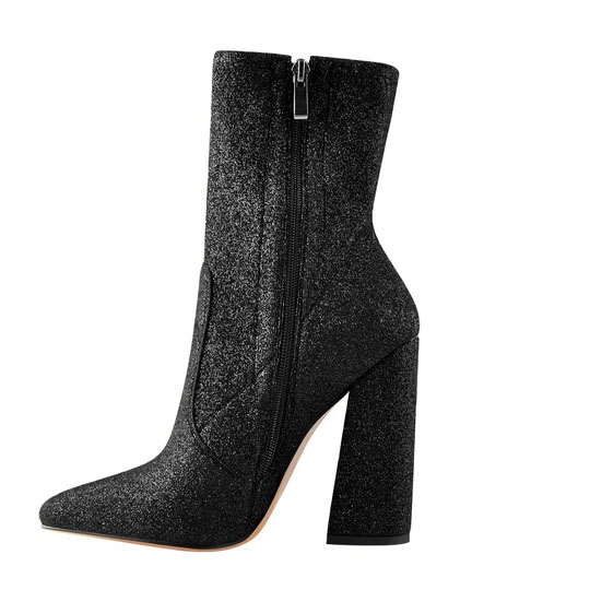 Pointed Toe Glitter Stretch Chunky Block High Heels Ankle Booties