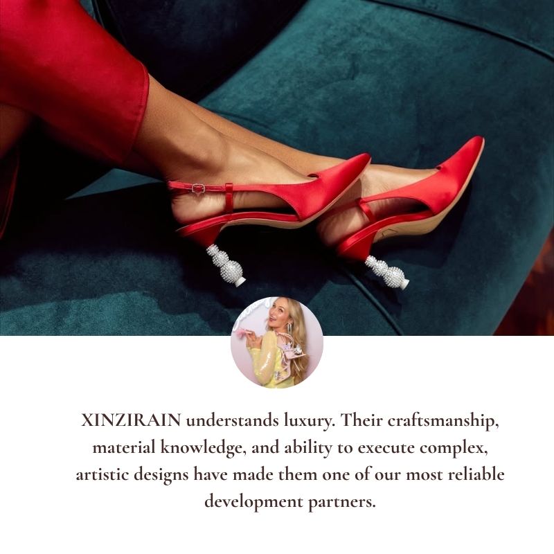 Sophia Webster luxury footwear testimonial with crystal embellished heels and brand founder portrait