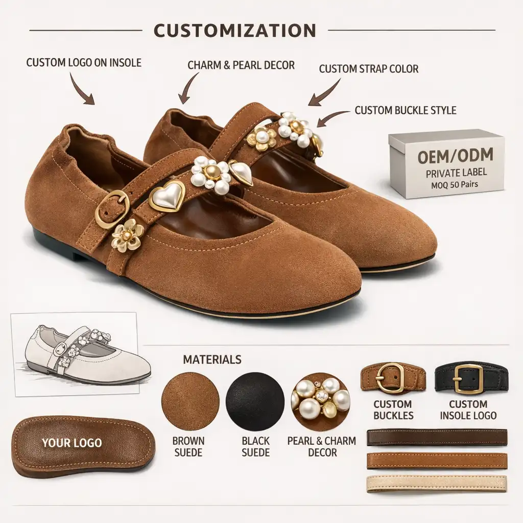Suede Mary Jane Flats with Pearl Charm – Custom Flat Shoe Manufacturer