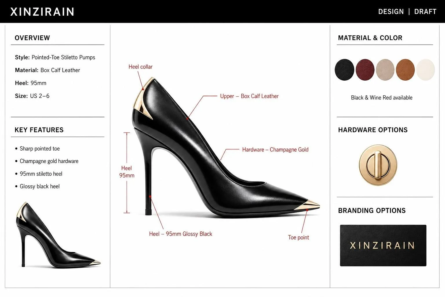 XINGZIRAIN design realization and technical solution panel for pointed-toe stiletto pumps — materials, 95mm heel height, hardware and branding options