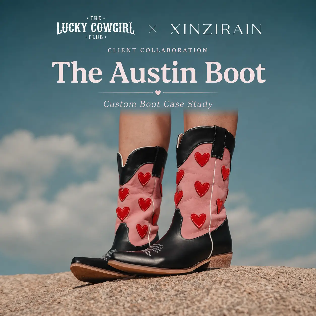 The Lucky Cowgirl Club × XINGZIRAIN Austin Boot collaboration — tri-color western boot with heart appliqués
