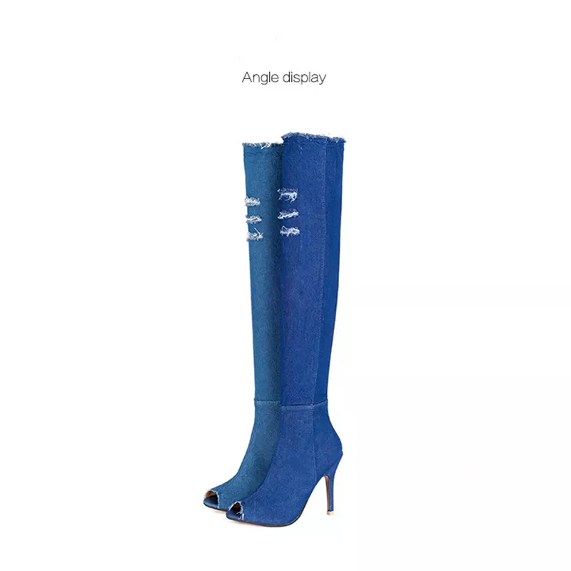 Sculptural Denim Peep-Toe Stiletto Boots