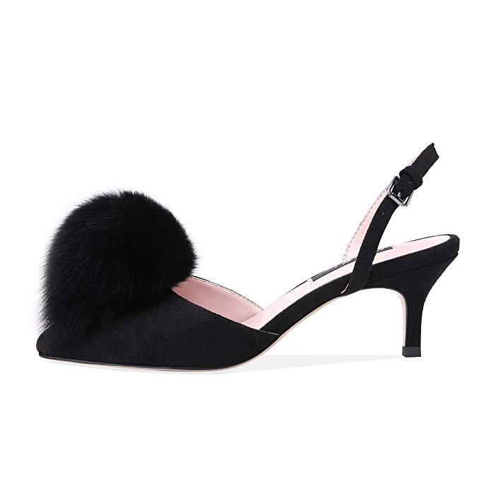 Wholesale custom back strap high heel pumps with black hair furry furball