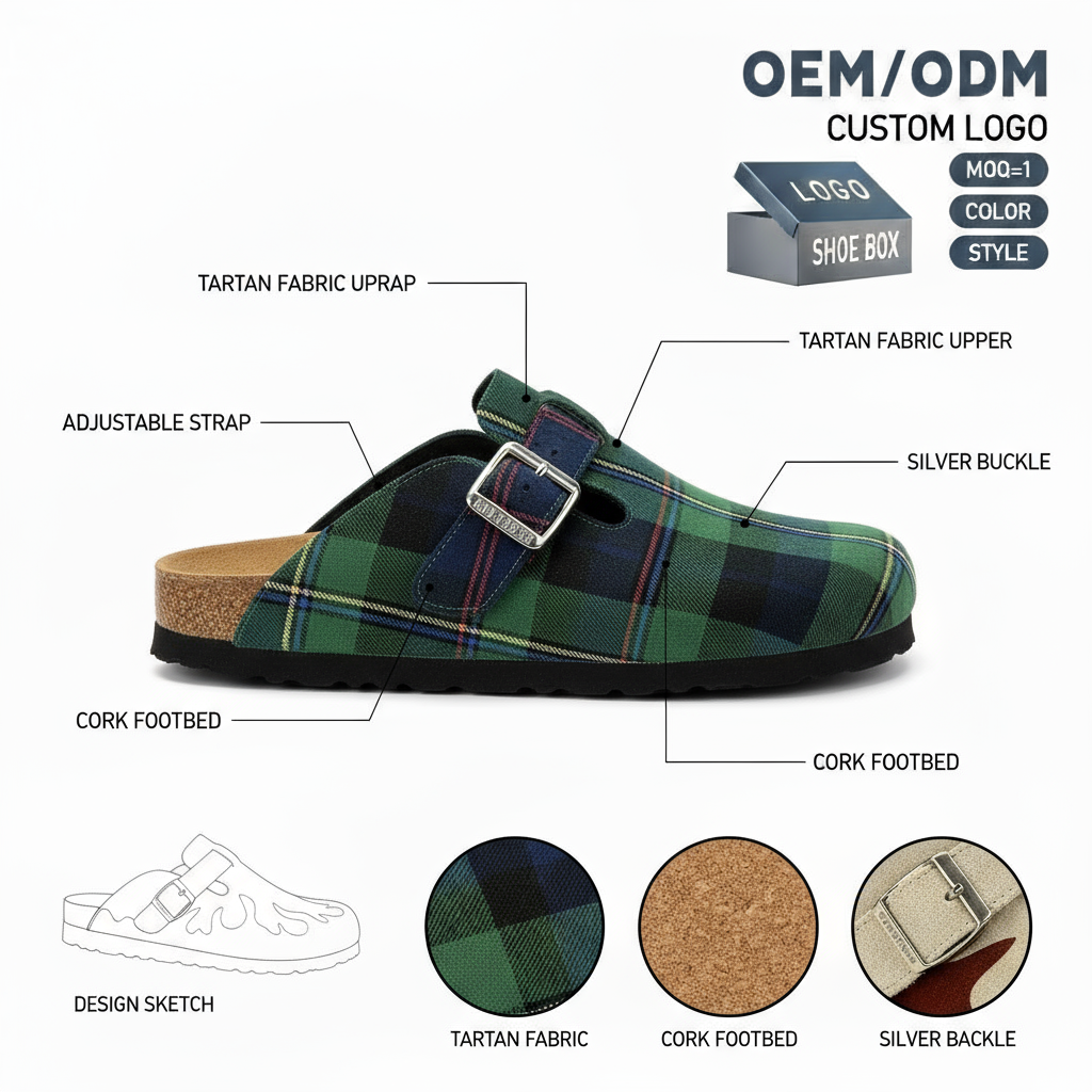 Custom Plaid Kitten Heel Clogs with Metal Accent